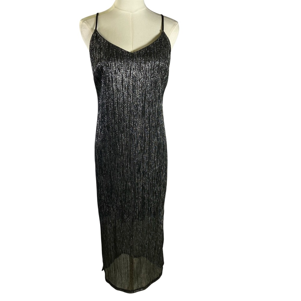 Bar III Women's Metallic Midi Dress‎ Sleeveless Evening Cocktail Party Black M